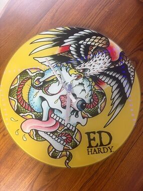 Ed Hardy Yellow Tattoo Skull & Eagle Art Print clock